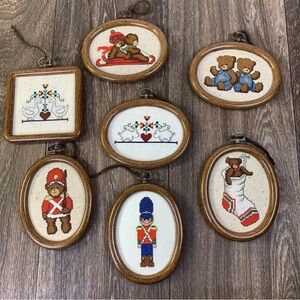 Lot of 7 Vintage Hand Made Cross Stitch Framed Christmas Ornaments or Wall Decor